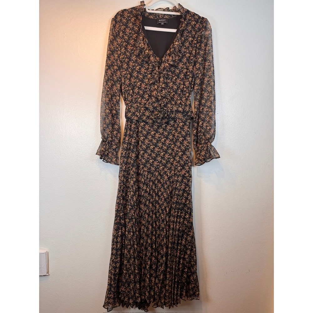 Bardot Women Black Floral Pleated Midi Dress Long Sleeve Belted Size US 6 Small
